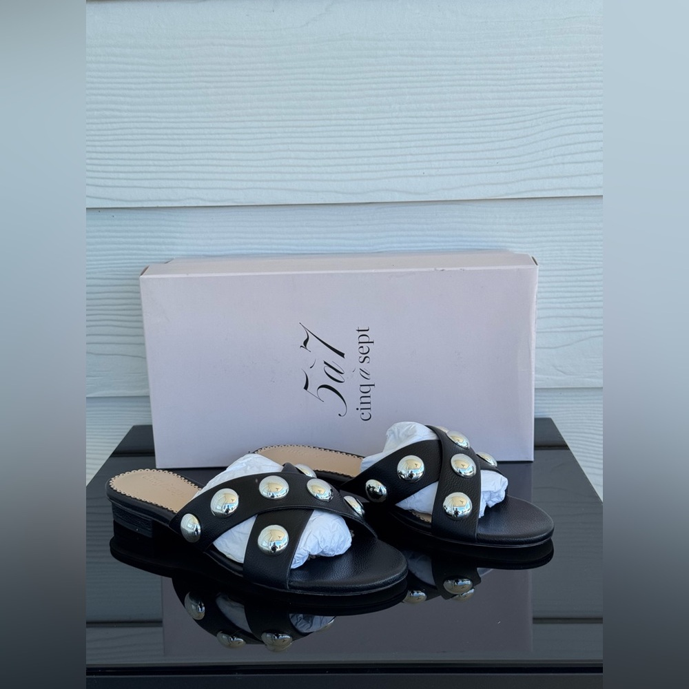 Cinq à Sept Grace Studded Slide Sandals Black Leather – Size EU 37.5 – New - Picture 2 of 8